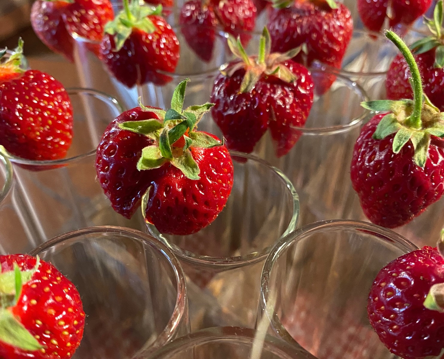 Hohe runder Gläser mit einer aufgeschnittenen Erdbeere am linken Rand. Die Erdbeeren sind rot und haben einen grünen Strunk. 